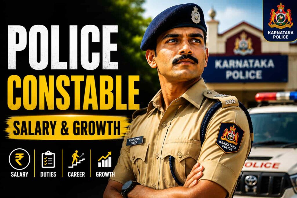 Karnataka Police Constable 2026: Salary, Duties, Promotion Path & Career Growth Explained Karnataka Police Constable job profile 2026 showing police officer with information about salary, duties, promotion path and career growth.